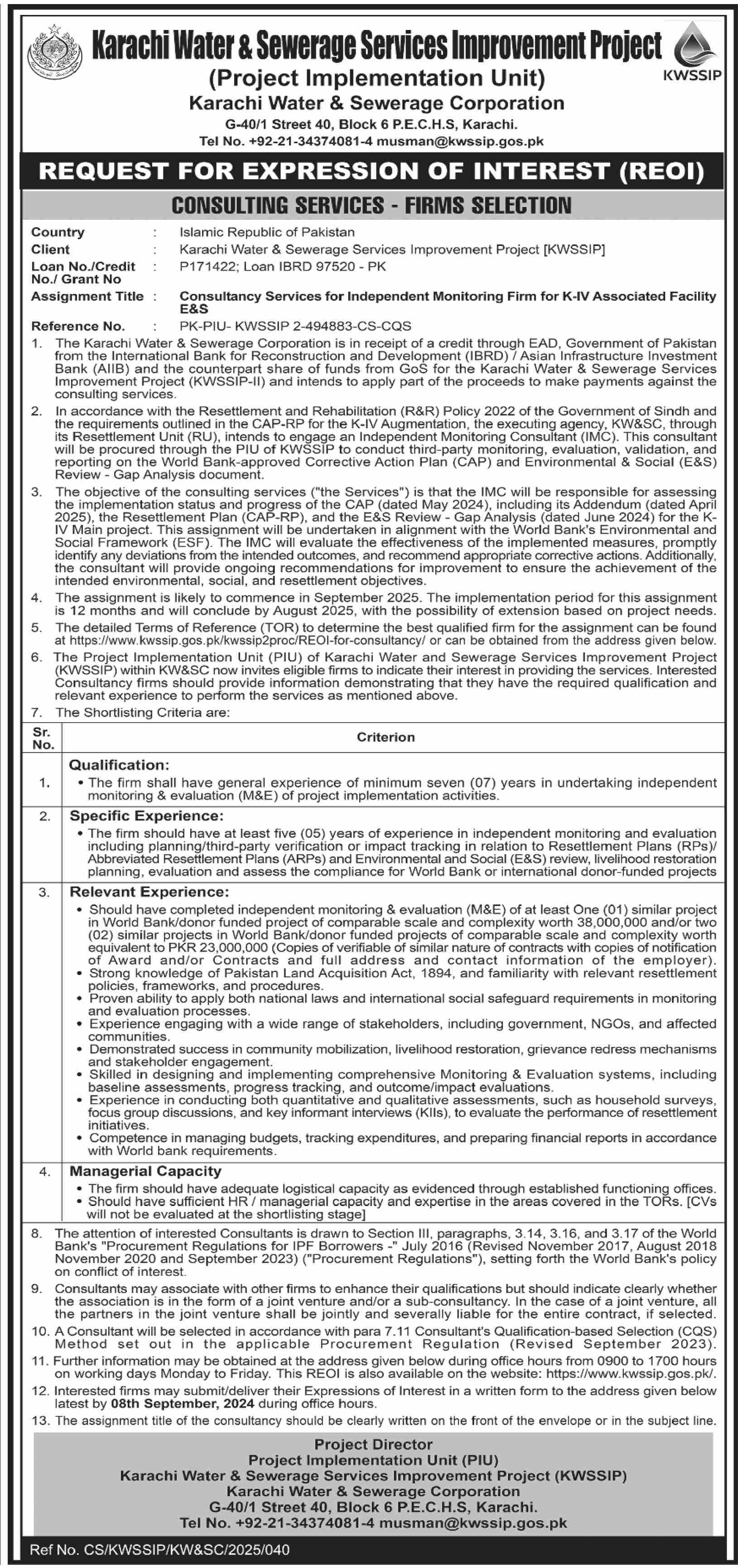 Karachi Water & Sewerage Service Improvement Project Karachi Tender Notice